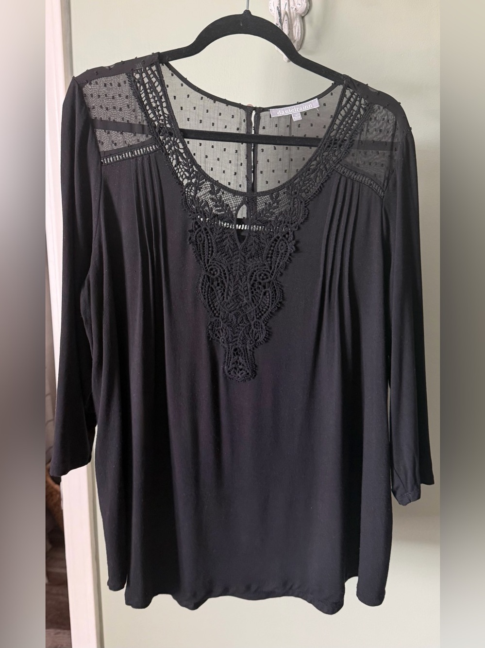 Daniel Rainn Black Long Sleeve Top with Crochet Lace Yoke